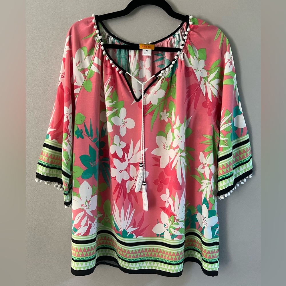 NWOT-Ruby Rd. Pink Tropical V-Neck 3/4 Length Sleeves